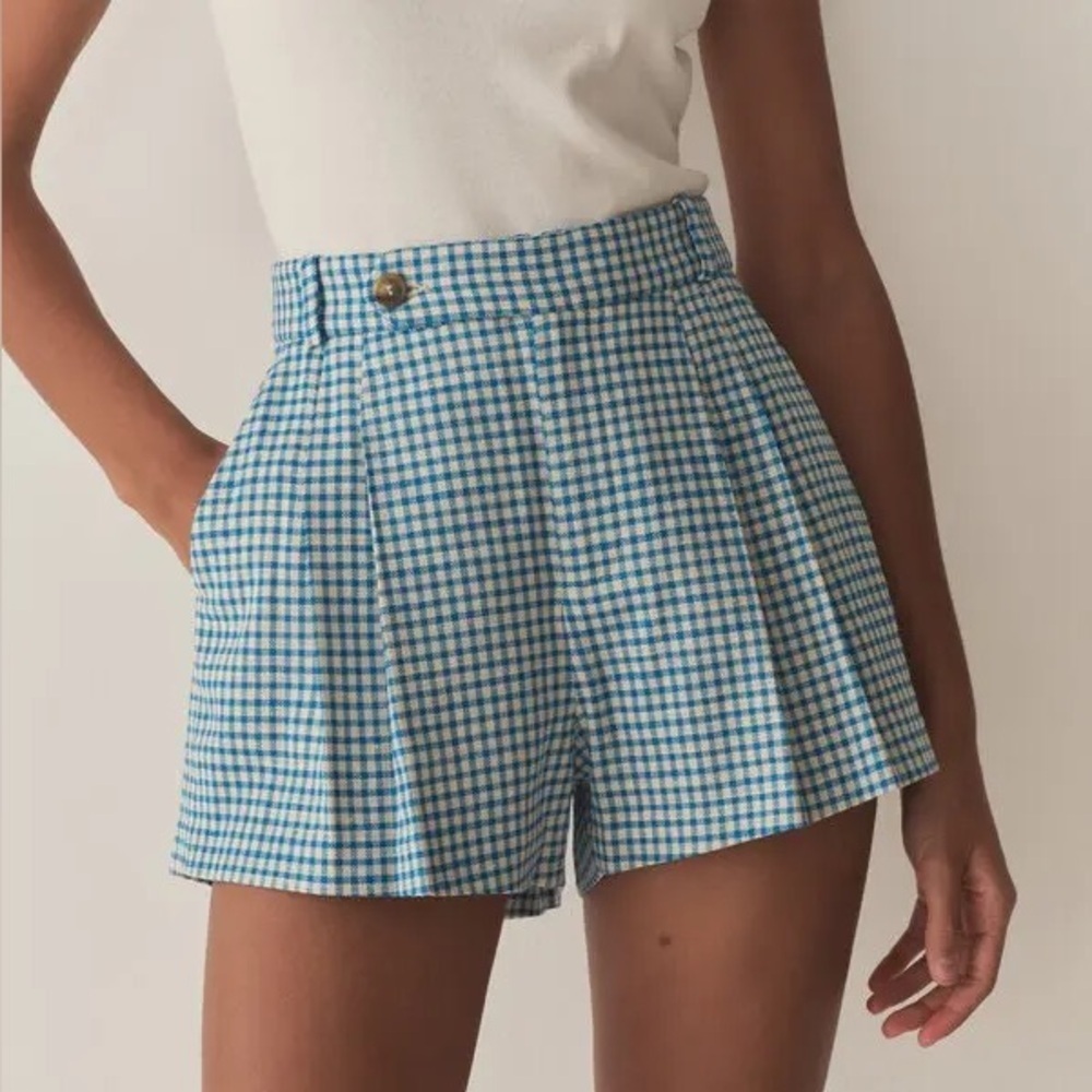NWT Doen Kingsley Cotton Button High Waist Shorts Southhampton Gingham Blue